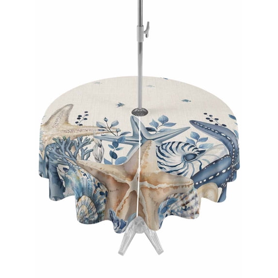 Blue Starfish Coastal Outdoor Tablecloth - 54 Inch Round Dining Table Cover, Eucalyptus Summer Nautical Shell Rustic Waterproof Outdoor Table Cloth with Umbrella Hole & Zipper for Picnic/Patio/Party