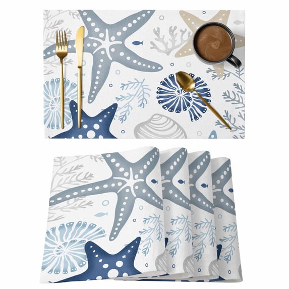 Blue Starfish Coastal Placemats Set of 4, Cotton Linen Fabric Place Mats, Summer Beach Nautical Coral Sea Washable Decorative Table Mats Protector for Home Kitchen Dining Wedding Party Coffee Tables