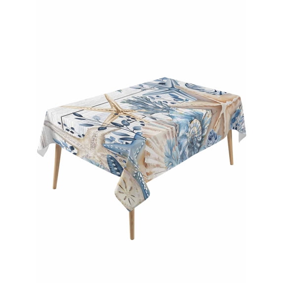 Blue Starfish Coastal Rectangle Tablecloth, Eucalyptus Summer Nautical Shell Wooden Waterproof & StainResistant Tablecloth, Washable Oil-proof Table Cover for Dining/Party/Wedding/Buffet 54x108 In