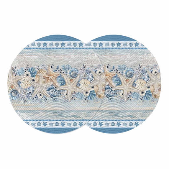 Blue Starfish Coastal Round 13 Inch Placemats Set of 2, Nautical Ocean Summer Coral Shell Botanical HeatResistant Non Slip Place Mats for Dining Table, Wipeable Kitchen Table Mats for Housewarming