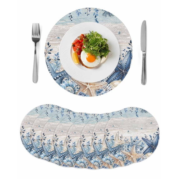 Blue Starfish Coastal Round 13 Inch Placemats Set of 8, Eucalyptus Summer Nautical Shell Vintage HeatResistant Non Slip Place Mats for Dining Table, Wipeable Kitchen Table Mats for Housewarming