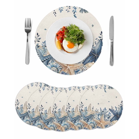 Blue Starfish Coastal Round 15 Inch Placemats Set of 6, Eucalyptus Summer Nautical Shell Rustic HeatResistant Non Slip Place Mats for Dining Table, Wipeable Kitchen Table Mats for Housewarming