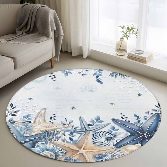 Blue Starfish Coastal Round Area Rug 3.3Ft Washable Circle Rugs for Dining Room Table, Eucalyptus Summer Nautical Shell Non-Slip Carpet Floor Mats Indoor Outdoor Carpet Runner Aesthetic Home Decor