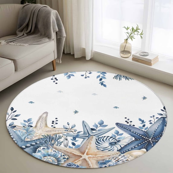 Blue Starfish Coastal Round Area Rug 4Ft Washable Circle Rugs for Bedroom Dining Room, Eucalyptus Summer Nautical Shell Ocean Non-Slip Carpet Floor Mats Indoor Outdoor Carpet Runner Home Decor