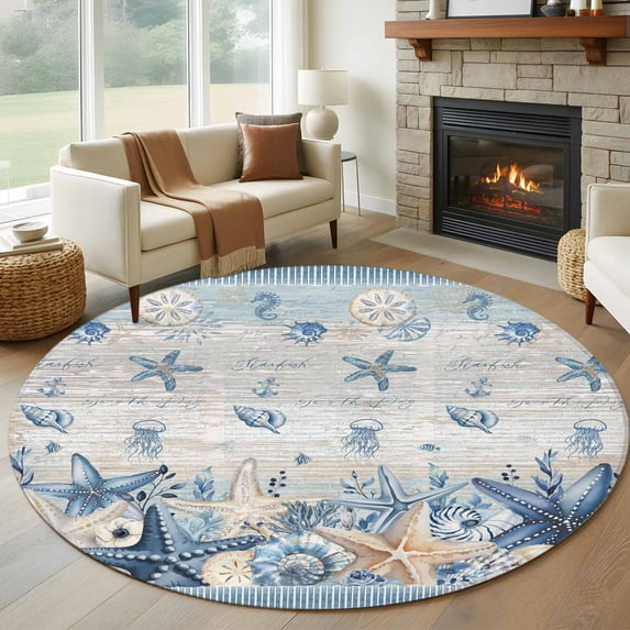 Blue Starfish Coastal Round Area Rug 7Ft Washable Circle Rugs for Dorm Laundry Room, Summer Beach Nautical Coral Shell Non-Slip Carpet Floor Mats Indoor Outdoor Carpet Runner Aesthetic Home Decor