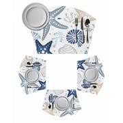 Blue Starfish Coastal Round Table Placemats Set of 2 Wedge Placemats, Summer Beach Nautical Coral Sea Place Mats for Dining Table Set Washable Mats Kitchen Decor for Indoor Outdoor Wipe Clean