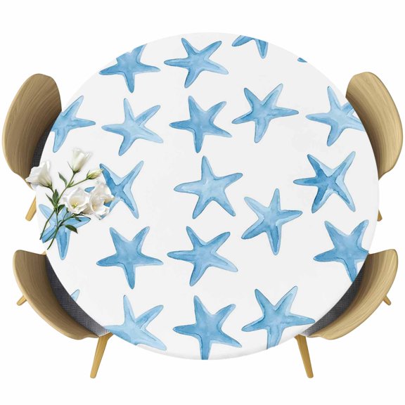 Blue Starfish Coastal Round Tablecloth 45-54 Inch Round Fitted Table Cloth with Elastic Edge, Nautical Summer Ocean Modern Waterproof Table Cover Protector for Outdoor Picnic Party Dining
