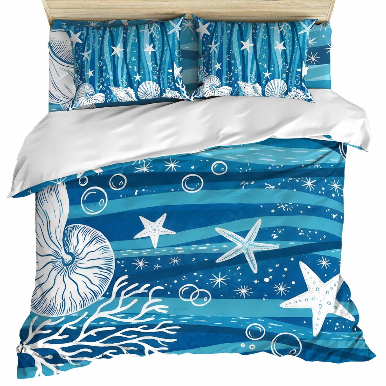 Blue Starfish Coastal Set of 4 Bedding Quilt Covers, Nautical Shell ...