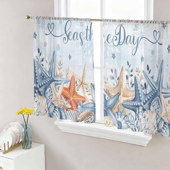 Blue Starfish Coastal Sheer Curtains 45 Inch Length 2 Panels Set, Nautical Shell Coral Botanical Summer Ocean Voile Window Treatment Rod Pocket Small Kitchen Curtains Drapes for Bedroom 52"x45"x2