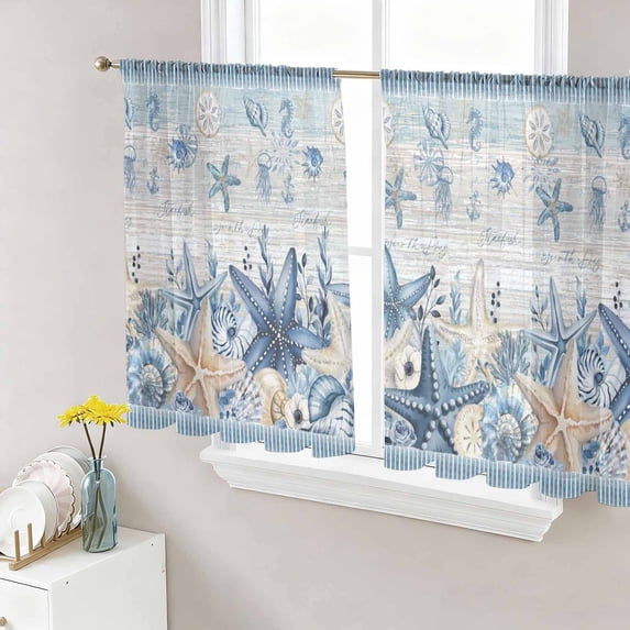 Blue Starfish Coastal Sheer Curtains 54 Inch Length 2 Panels Set, Summer Beach Nautical Coral Shell Voile Window Treatment Rod Pocket Short Kitchen Curtains Drapes for Bedroom 52"x54"x2