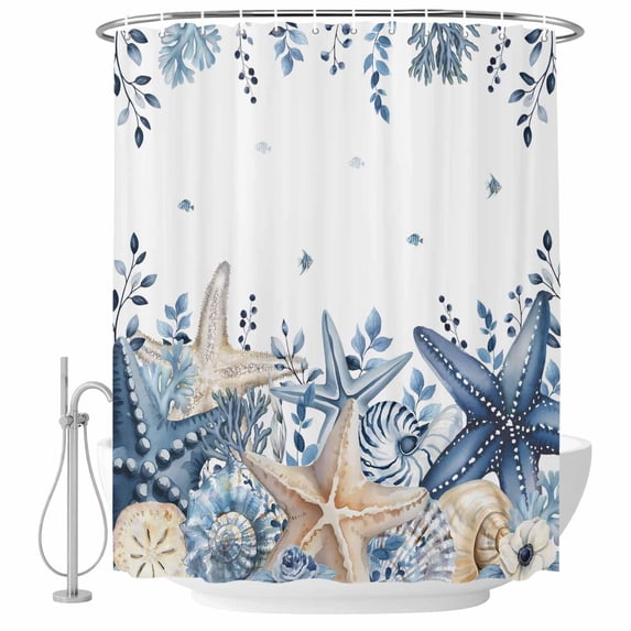 Blue Starfish Coastal Shower Curtain, Waterproof Shower Curtains for Bathroom, Eucalyptus Summer Nautical Shell Ocean Washable Fabric Bathtub Curtain Set Bath Decor with 12 Hooks 72"x78"