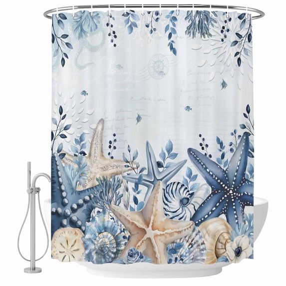 Blue Starfish Coastal Shower Curtain, Waterproof Shower Curtains for Bathroom, Eucalyptus Summer Nautical Shell Washable Fabric Bathtub Curtain Set Bath Decor with 12 Hooks Extra Long 72"x96"