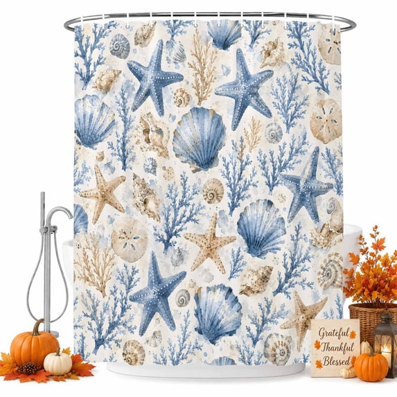 Blue Starfish Coastal Shower Curtain, Waterproof Shower Curtains for Bathroom, Watercolor Coral Shell Conch Washable Fabric Bathtub Curtain Set Bath Decor with 12 Hooks Long 72"x84"