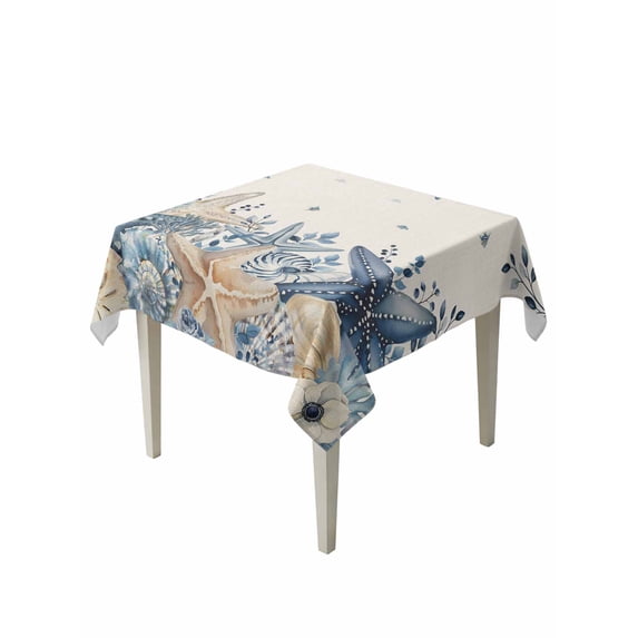 Blue Starfish Coastal Suqare Tablecloth - 54 x 54 Inch, Eucalyptus Summer Nautical Shell Rustic Waterproof & StainResistant Tablecloth, Washable Oil-proof Table Cover for Dining/Party/Wedding/Buffet