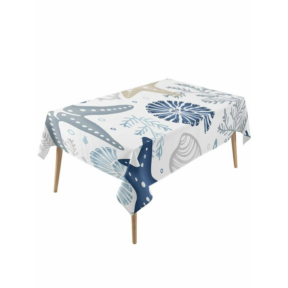 Blue Starfish Coastal Table Cloth, Summer Beach Nautical Coral Sea Waterproof Tablecloth for Rectangle Tables, Reusable Washable Fabric Table Cover for Restaurant Kitchen Dining Tables 60"x120"
