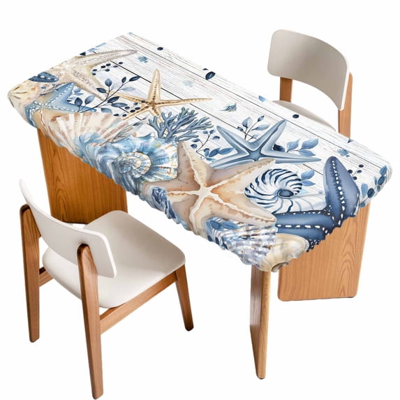 Blue Starfish Coastal Table Cloths for 6 Foot Rectangle Tables, Eucalyptus Summer Nautical Shell Wooden Patio Waterproof Elastic Fitted Tablecloths, Washable Rectangular Table Cover for Camping