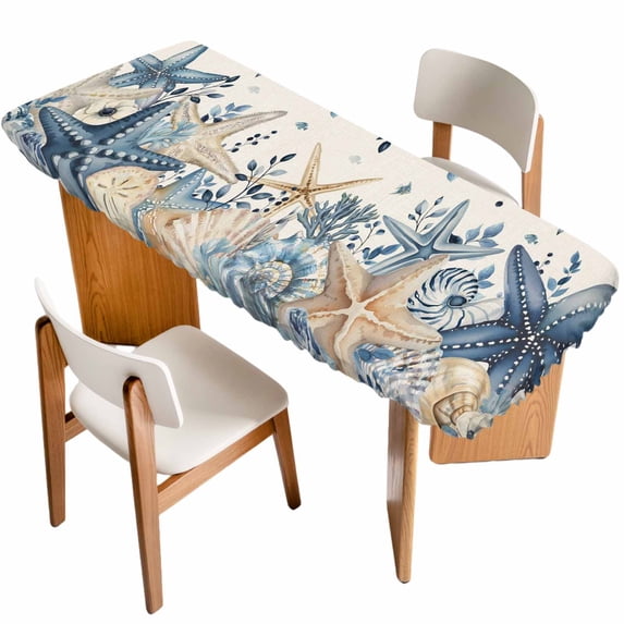 Blue Starfish Coastal Table Cloths for 8 Foot Rectangle Tables, Eucalyptus Summer Nautical Shell Rustic Patio Waterproof Elastic Fitted Tablecloths, Washable Rectangular Table Cover for Camping
