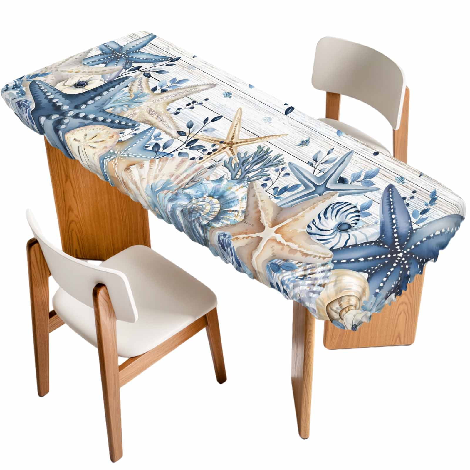 Shell Table Clothes Blue Starfish Coastal Table Cloths for 8 Foot Rectangle Tables ...