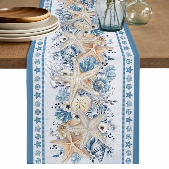 Blue Starfish Coastal Table Runner 70 Inches, Nautical Ocean Summer Coral Botanical Bed Runner Dresser Scarves Tabletop for Indoor Outdoor Parties/Ceremony/Banquet, 13" x 70"