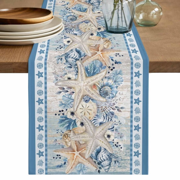 Blue Starfish Coastal Table Runner 70 Inches, Nautical Ocean Summer Coral Shell Botanical Bed Runner Dresser Scarves Tabletop for Indoor Outdoor Parties/Ceremony/Banquet, 13" x 70"