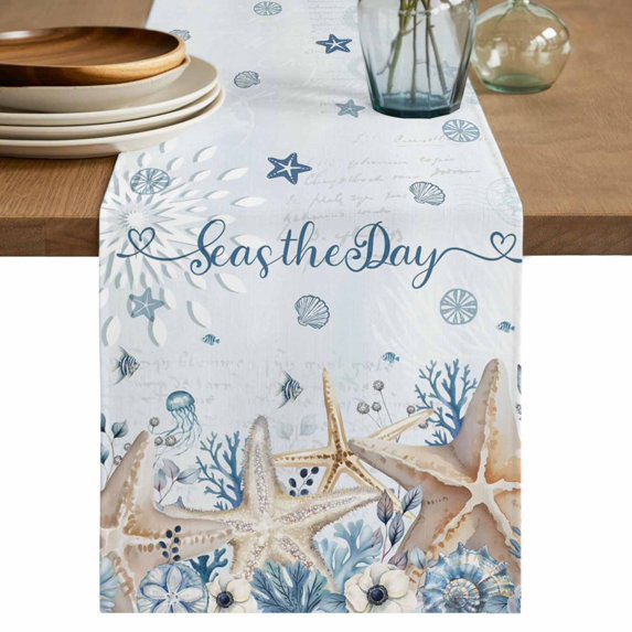 Blue Starfish Coastal Table Runner 70 Inches, Nautical Summer Beach Ocean Sea Bed Runner Dresser Scarves Tabletop for Indoor Outdoor Parties/Ceremony/Banquet, 13" x 70"