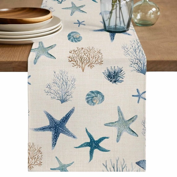 Blue Starfish Coastal Table Runner 70 Inches, Summer Beach Coral Linen Texture Bed Runner Dresser Scarves Tabletop for Indoor Outdoor Parties/Ceremony/Banquet, 13" x 70"