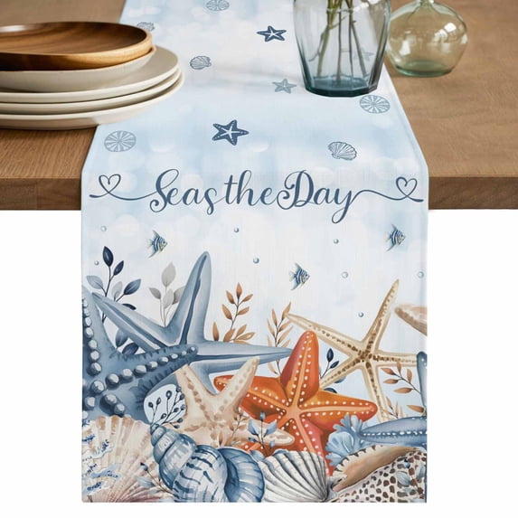 Blue Starfish Coastal Table Runner 72 Inches, Nautical Shell Coral Botanical Ocean Bed Runner Dresser Scarves Tabletop for Indoor Outdoor Parties/Ceremony/Banquet, 14" x 72"