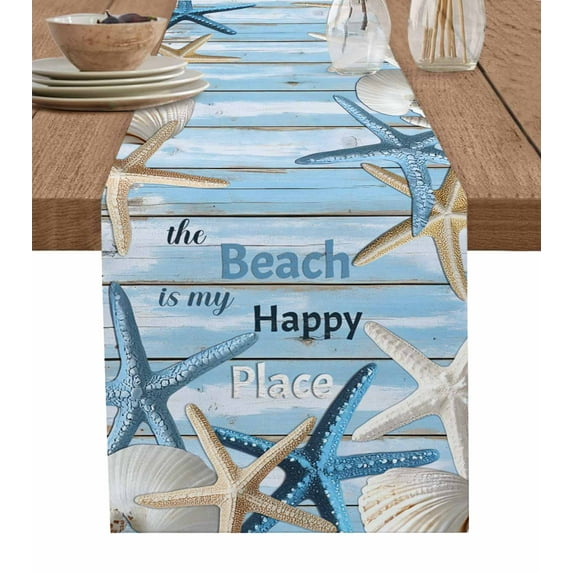 Blue Starfish Coastal Table Runner Cotton Linen 60 Inch Holiday Dresser Scarves, Nautical Shell Summer Beach Vintage Tablerunner for Kitchen Coffee Dining Bedroom Dinner Scarf Décor 13''x60''