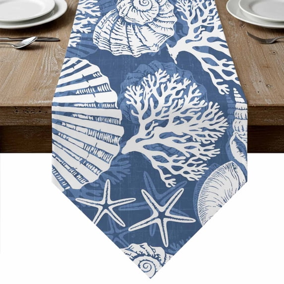 Blue Starfish Coastal Table Runner Linen Burlap Table Runner 72 Inches ...