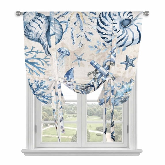 Blue Starfish Coastal Tie Up Curtains for Kitchen Windows,Adjustable Rod Pocket Valance 45 Inch Short, Summer Beach Coral Conch Shell Ocean Beige Window Treatment Balloon Roman Blind Shade, 42" x 45"