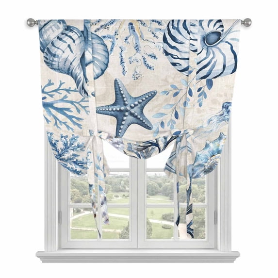 Blue Starfish Coastal Tie Up Curtains for Kitchen Windows,Adjustable Rod Pocket Valance 63 Inch Long, Nautical Summer Beach Shell Coral Window Treatment Balloon Roman Blind Shade, 52" x 63"