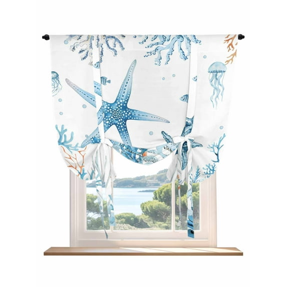 Blue Starfish Coastal Tie Up Curtains for Windows 54 Inch Length Balloon Curtains Kitchen Adjustable Balloon Window Shade Summer Ocean Nautical Coral Jellyfish Tie Up Bathroom Curtain Window 42"x54"