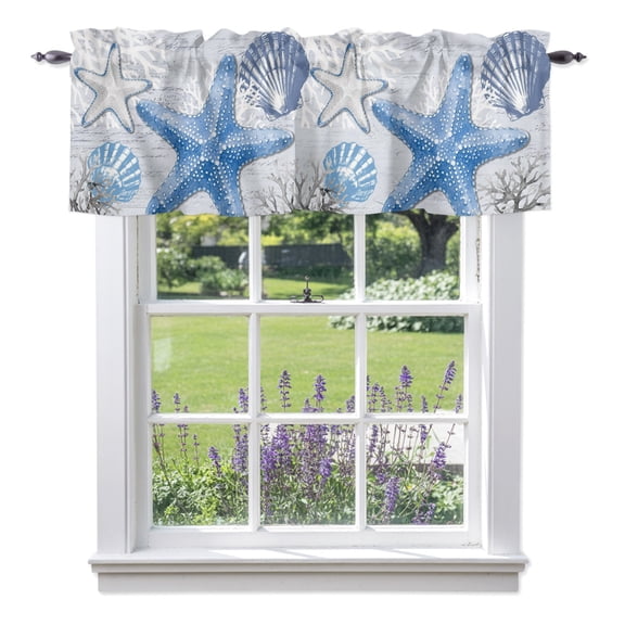 Blue Starfish Coastal Valance Curtain 1 Panel, Summer Nautical Seashells Gray Coral Kitchen Valance with Rod Pocket Window Treatment Short Curtains for Bathroom Bedroom, 42 x 12 Inches