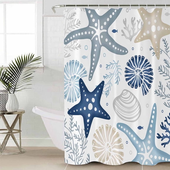 Blue Starfish Coastal Waterproof Fabric Shower Curtain, Summer Beach Nautical Coral Sea Shower Curtain for Bathroom Curtains Bathtubs Hotel Washable Shower Curtains with 12 Hooks Extra Long 72x84