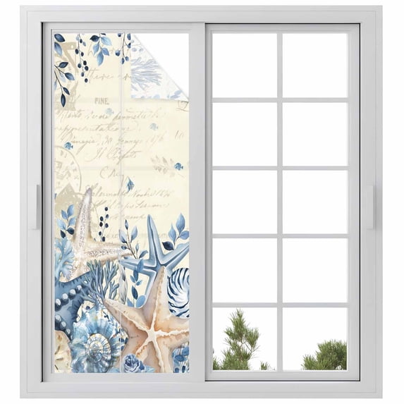 Blue Starfish Coastal Window Privacy Film, Eucalyptus Summer Nautical Shell Retro Static Cling UV Sun Blocking Heat Control Window Tint Day and Night, Non-Adhesive One Way Privacy Cover 23.6''x59''