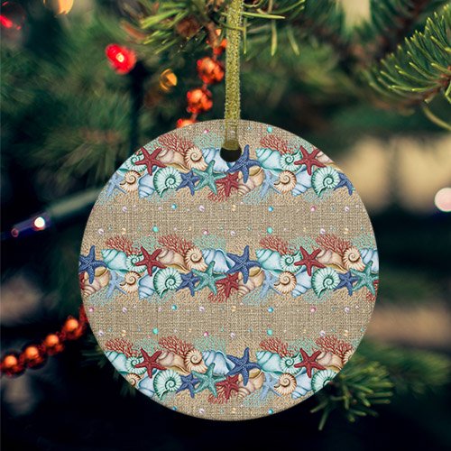 Blue Starfish Conch Ceramic Ornaments, Ocean Coral Summer Beach Coastal Round Porcelain Hanging Ornaments with Gold String, Xmas Decorations Keepsake Gifts for Holiday Home Party 3''