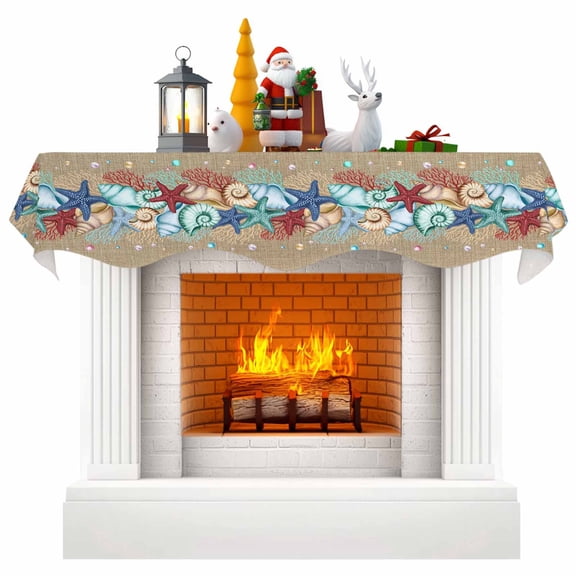 Blue Starfish Conch Fireplace Mantel Scarf Table Runner, Ocean Coral Summer Beach Coastal Winter Garland Mantel Top Tablerunners Dresser Scarves Cover Decorations for Party Living Room 60"x17"