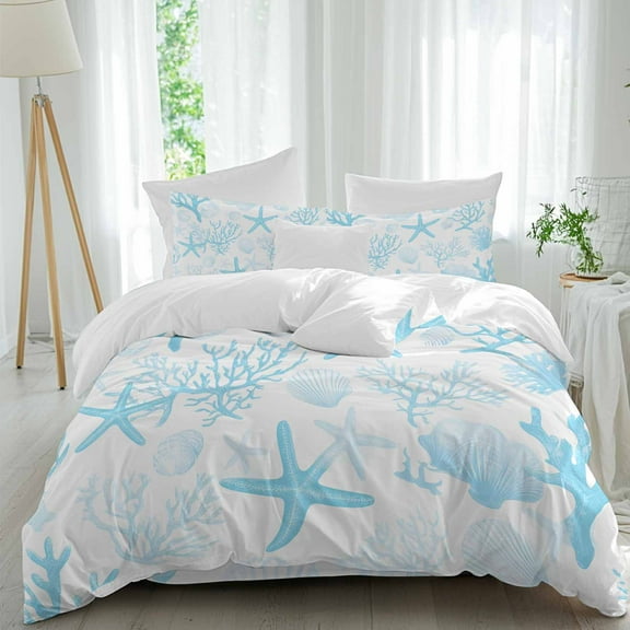 Blue Starfish Coral Duvet Cover Set Twin Size, Ocean Watercolor Coastal 4 Piece Soft Microfiber Bedding Set with 1 Duvet Cover, 1 Flat Sheet, 2 Pillowcases