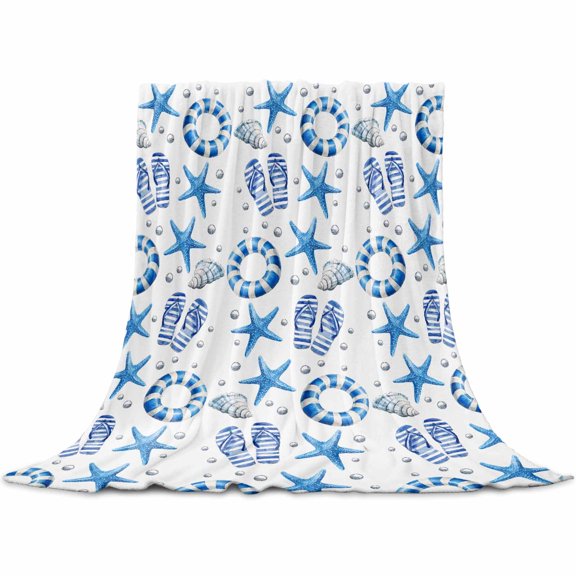 Blue Starfish Flannel Blanket for Bed, Swimming Ring Slippers Conch Pearl Soft Cozy Warm Couch Throw Blanket, Lightweight Fluffy Plush Bedding Blankets for Sofa Decor All Season 60"x80"