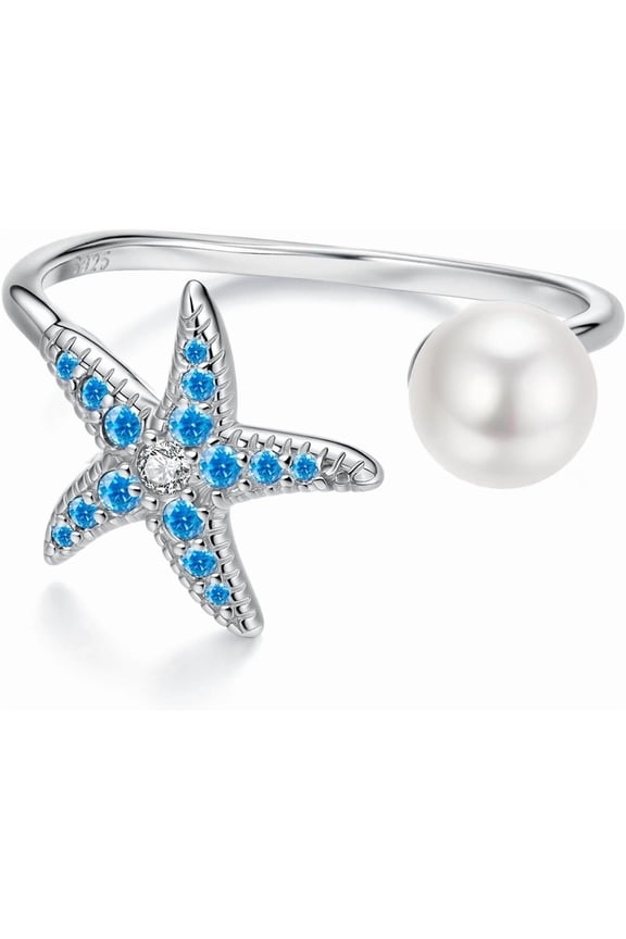 Blue Starfish Pearl Open Statement Ring 925 Sterling Silver Cubic Zirconia Adjustable Crystal Sea Star Stacking Finger Rings Summer Beach Ocean Bands for Women Wedding