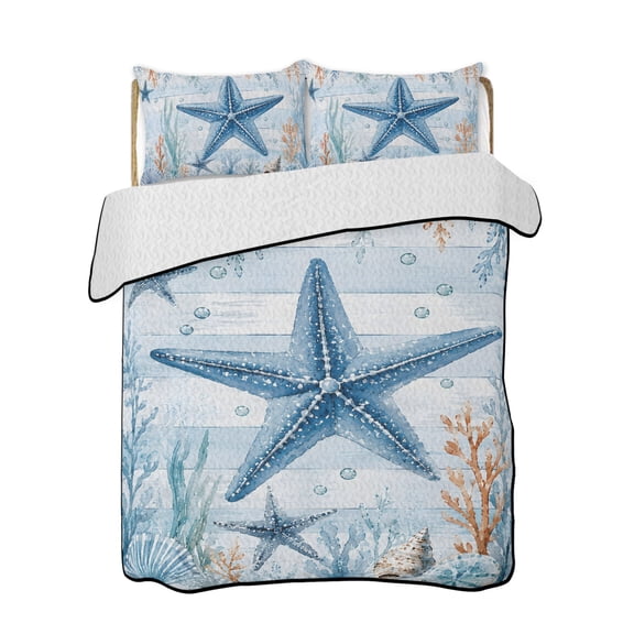Blue Starfish Quilts Bedding Set Queen Size Nautical Coastal Shell Bubble Wood Rustic Lightweight Quilted Bedspread 3 Piece Bed Quilt with 2 Pillow Shams All Season for Bedroom 78" x 90"