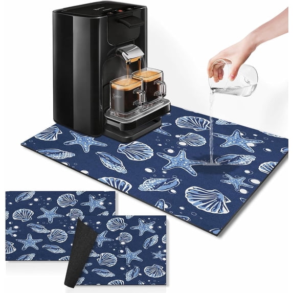 Blue Starfish Sea Coffee Mat for Countertops, Seashell Beach Dish Drying Mat 2 Pcs for Kitchen Coffee Bar Accessories Fit Under Coffee Maker Espresso Machine Dish Rack Hide Stain Rubber