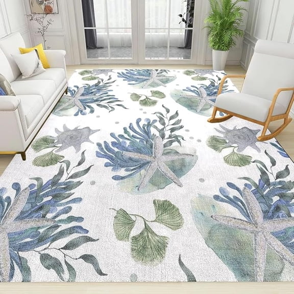 Blue Starfish Seaweed Area Rug, Coastal Theme Non Slip Living Room Rug, Noise Reduction Machine Washable Carpet For Indoor Bedroom Office Decor Mat 5x6ft