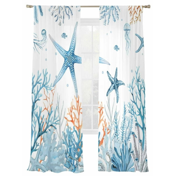 Blue Starfish Sheer Curtains 84 Inch Length 2 Panels Set, Semi Transparent Voile Rod Pocket Curtains for Living Dining Room Bedroom Drapes Summer Ocean Coastal Coral Jellyfish