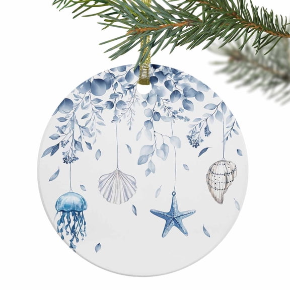 Blue Starfish Shell Jellyfish Christmas Ceramic Ornament 2025,3" Round Xmas Tree Hanging Accessories with Gold Ribbon