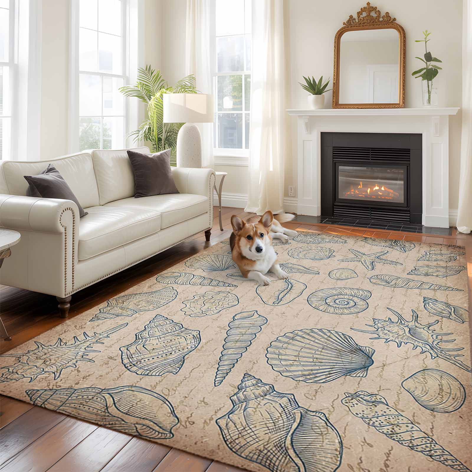 White Shell Rug Blue Starfish Shells Conch Large Area Rugs 6x9 ft Coastal Vintage Paper ...
