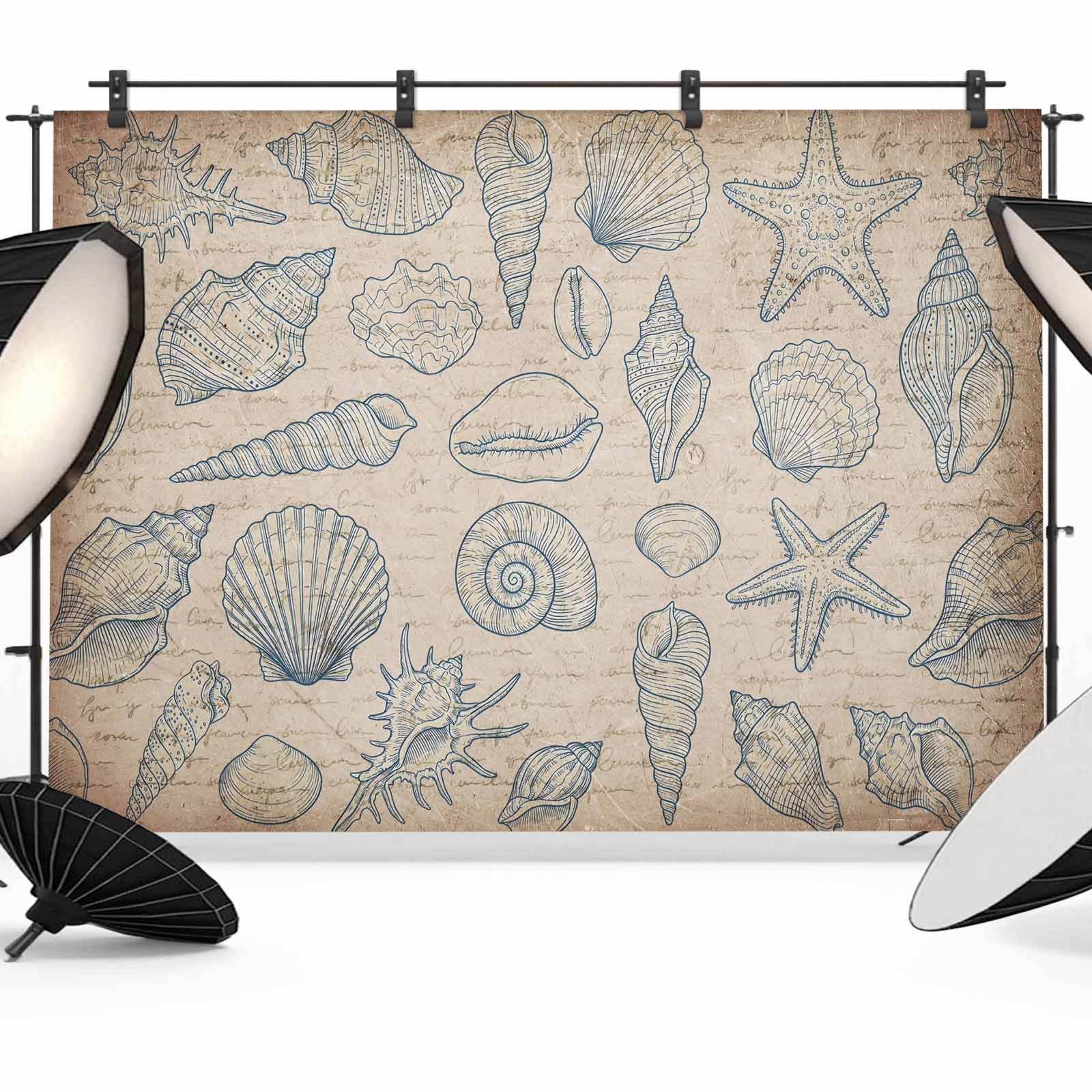 Shell Linen Backdrop Blue Starfish Shells Conch Photography Backdrop 12x8FT, Coastal Vintage ...