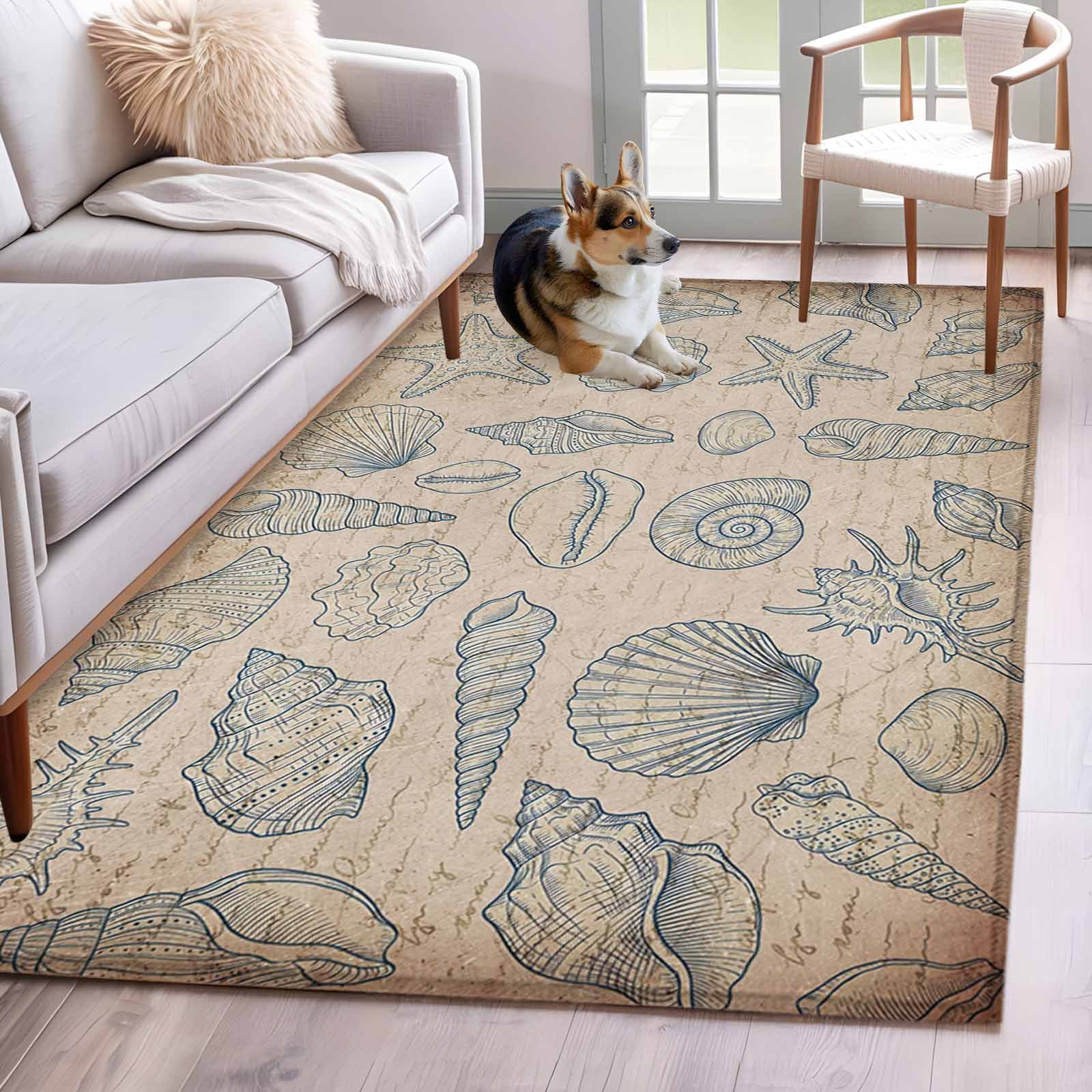 White Shell Rug Blue Starfish Shells Conch Washable Area Rugs 4'x6', Coastal Vintage ...