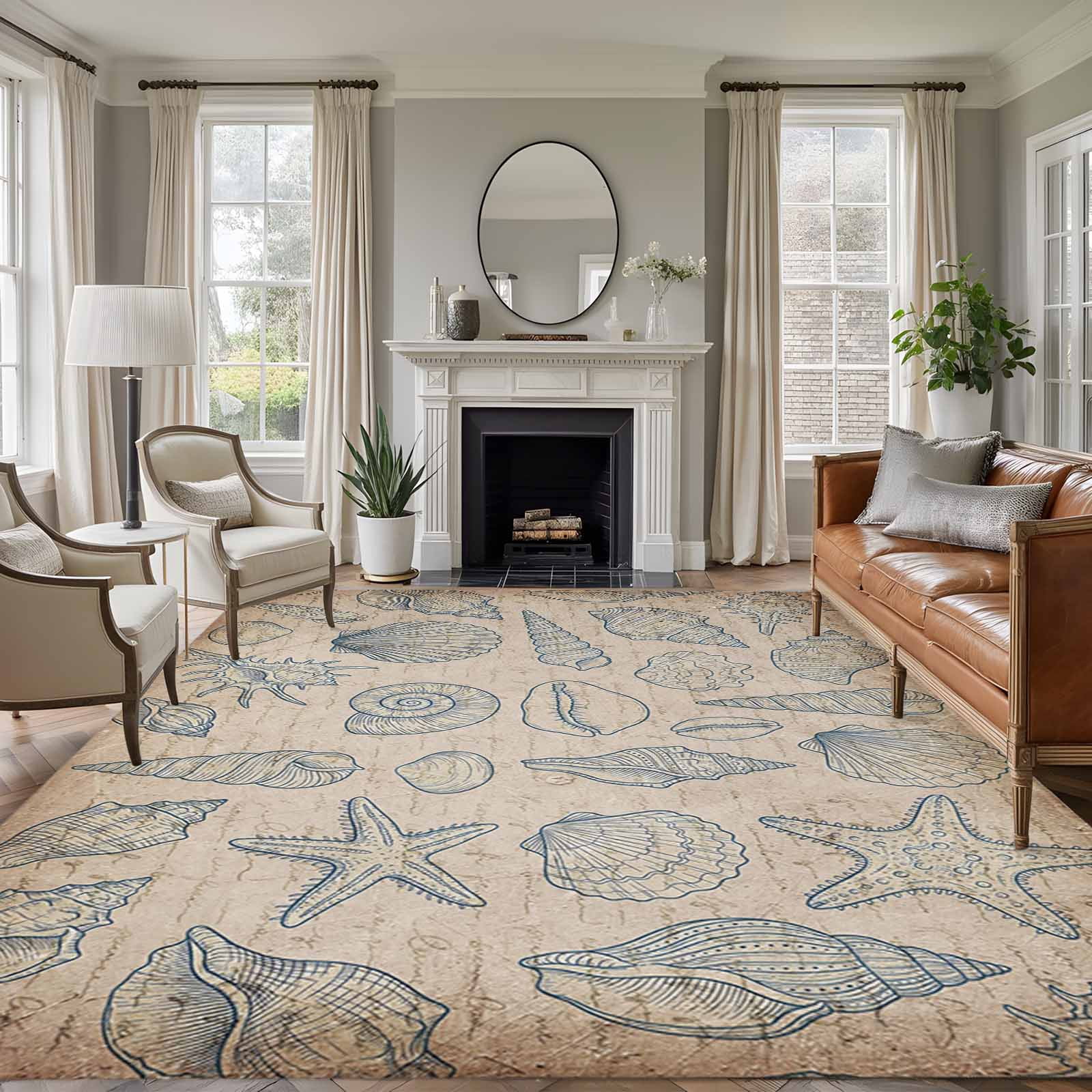 Shell Shaped Rug Extra Large Blue Starfish Shells Conch Washable Living Room Rugs 5'x7', Coastal ...