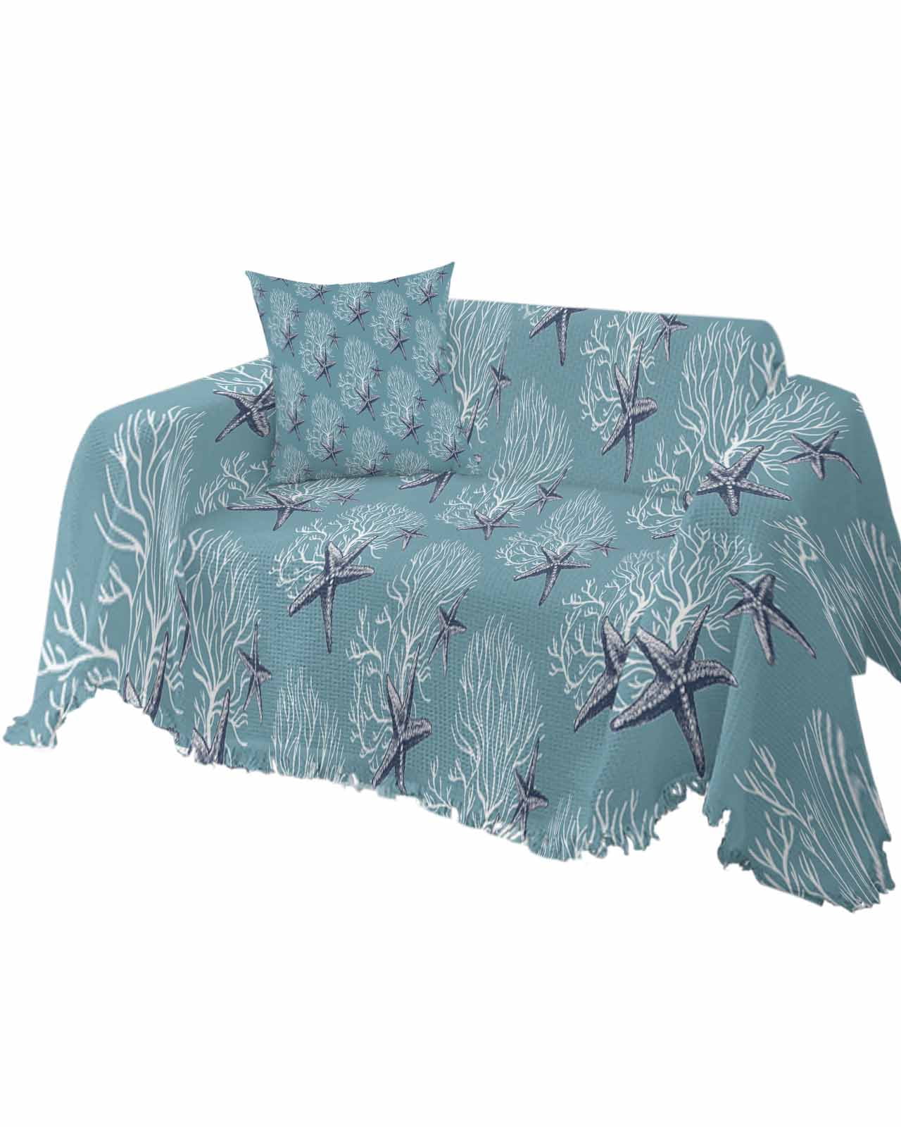 Blue Starfish Sofa Couch Covers for Dog,Washable Sofa Throw Cover Single Slipcoverfor Armchair with Tassels,Coastal Coral Summer Beach Sea Nautical Couch Protector Towel Blanket Medium 71''x91''